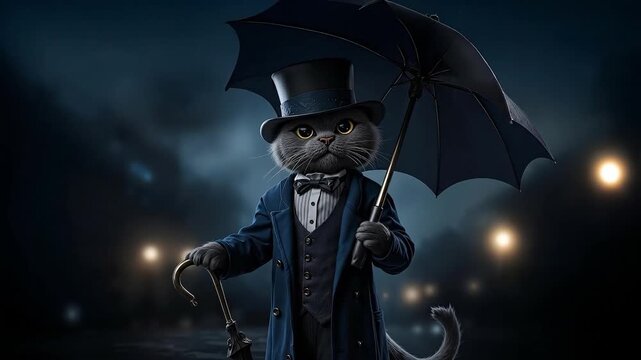A cat in a top hat and coat holding an umbrella