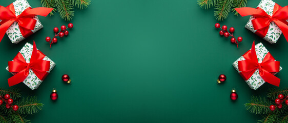 Merry Christmas and Happy Holidays greeting card, frame, banner. New Year. Red Christmas ornaments...