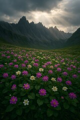 Fototapeta premium Wildflower meadow below sharp mountain peaks