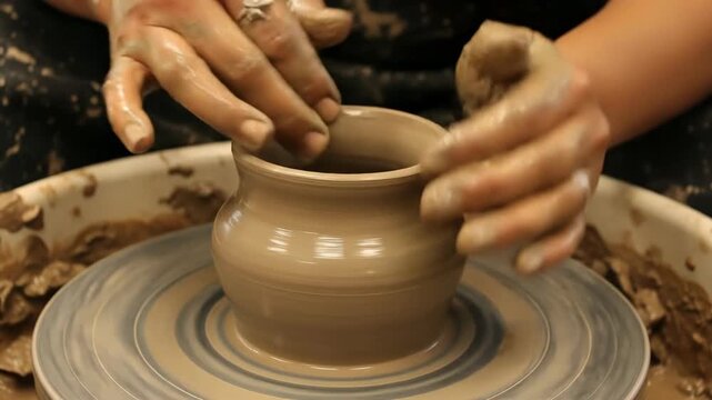 closeup of artisan's hands molding clay pot on potter's wheel. concept of creativity, craftsmanship, and handmade hobby. ceramic art workshop or class.
