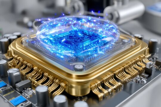 Quantum processor creating energy waves in a futuristic computing environment