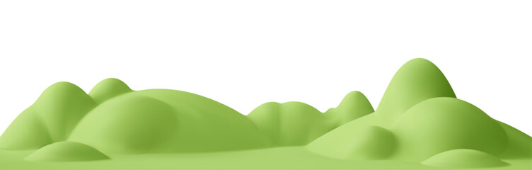 Fototapeta premium 3d green hills on abstract cartoon background. 3d spring landscape green mountain, field, meadow, tree. Park scene. Nature podium isolated. Childish cartoon vector illustration