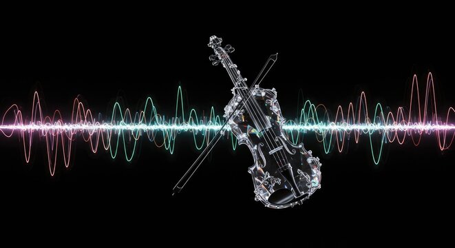 Abstract violin illustration with sound waves against a black background