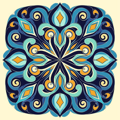 Fototapeta premium Intricate Mandala Design in Blue, Teal, and Yellow, Geometric Pattern for Decorative Art