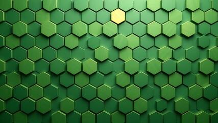 Green Hexagonal Grid with a Single Golden Highlight abstract background
