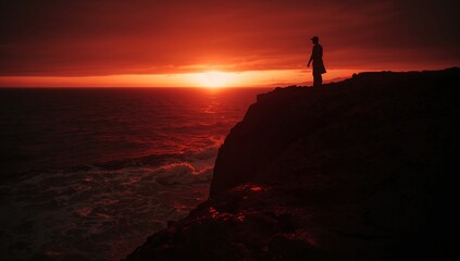 Fototapeta premium Lone Figure in Silhouette Standing on a Dramatic Cliff Edge, Overlooking a Fiery Red Sunset and Crashing Ocean Waves