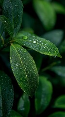 Fototapeta premium Green Leaves Glistening With Raindrops in a Lush Garden During Early Morning