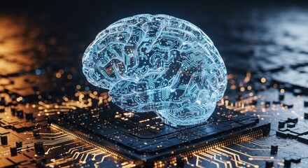 Visualization of a digital brain composed of circuits on a microchip in a futuristic setting