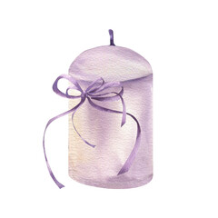 Pastel purple candle with violet silk bow decoration watercolor illustration. Hand drawn aromatic and meditation wax candle with girlish bow clipart for poster, card, invitation design