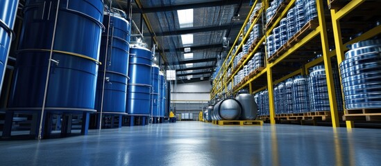 Industrial warehouse interior with large blue storage tanks and metal barrels stacked on yellow shelving