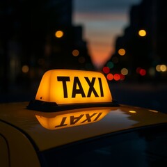 Taxi roof sign glowing on rainy street