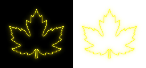 Glowing yellow neon maple leaf outline on black and transparent backgrounds for modern autumn-themed digital art and graphic design
