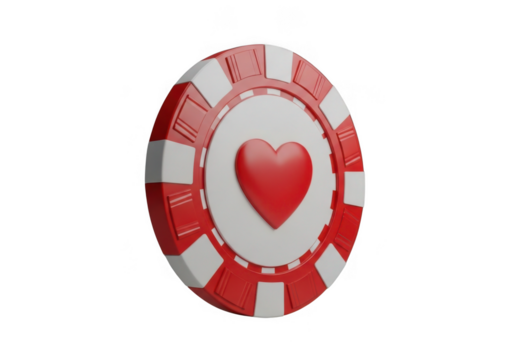 Red heart poker chip isolated on transparent background for casino and gaming