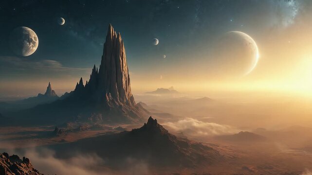 Giant otherworldly peak gleams beneath multiple lunar surfaces at dawn