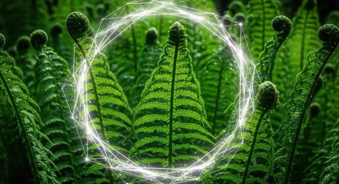 Lush green ferns surrounding a glowing circular frame in a forest setting during the day - Powered by Adobe