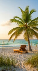 Relaxing beach scene with a palm tree and lounge chair at sunset on a sandy shore