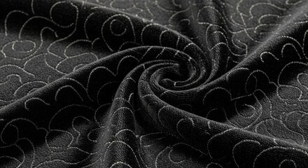 Elegant black fabric with intricate silver swirl pattern for DIY and fashion projects