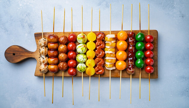 Colorful assortment of delicious skewered appetizers and Asian street food on a wooden board