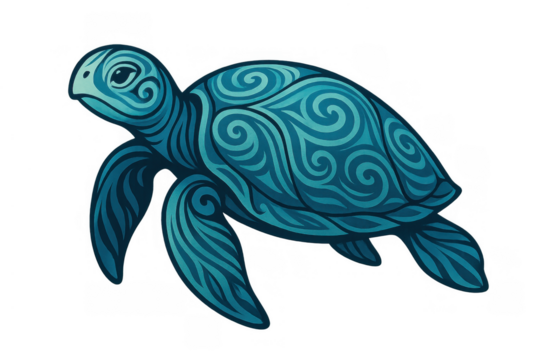 Sea turtle with intricate tribal swirl patterns on its shell and fins. Blue ocean life wildlife design