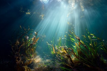 Underwater Scenery With Sunlight Filtering Through Kelp Forest at Midday