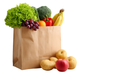 A paper grocery bag filled with fresh vegetables, lettuce, broccoli, bananas, grapes, red pepper, potatoes, and apples, placed with additional fruits and vegetables in front.