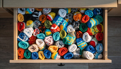 Top-down view of a drawer filled with neatly rolled colorful socks for organized storage