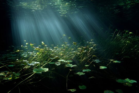 Underwater Scenery With Sunlight Filtering Through Kelp Forest at Midday
