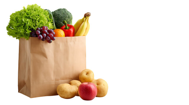 A paper grocery bag filled with fresh vegetables, lettuce, broccoli, bananas, grapes, red pepper, potatoes, and apples, placed with additional fruits and vegetables in front.