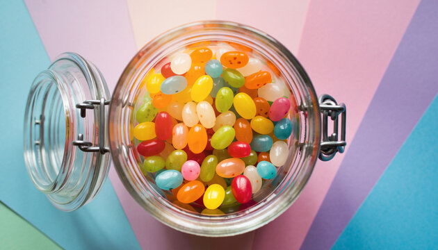 A jar filled with colorful assorted jelly beans on a pastel colored background, top view - Powered by Adobe