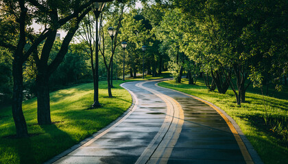Obraz premium Winding Road Through Green Park A Serene Pathway Under the Trees, Reflecting Light
