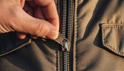 A person's hand zipping up a sturdy metal zipper on a classic olive green canvas jacket