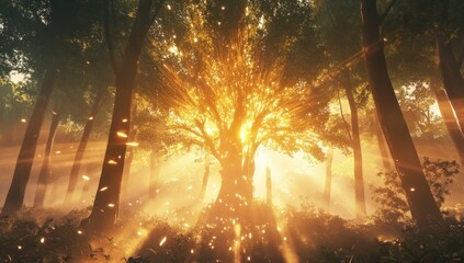Radiant golden light emanates from a mystical tree in an enchanted forest with ethereal glowing particles and sunbeams.