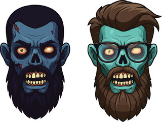 Cartoon zombie heads illustration with beards, glasses, glowing eyes, scary undead monster characters vector art for horror, Halloween, creepy fantasy design.