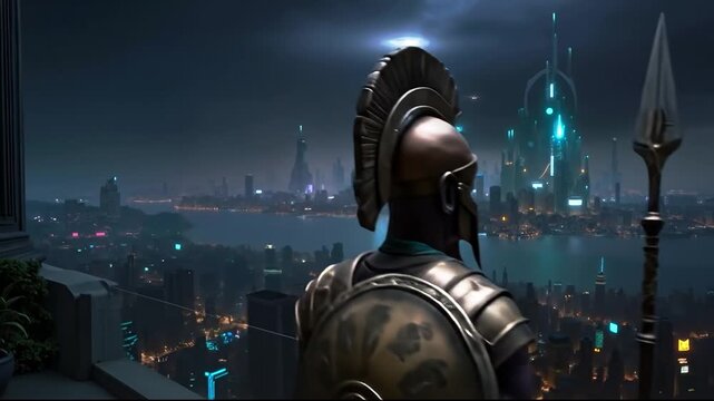 A man standing on top of a building holding a spear and shield