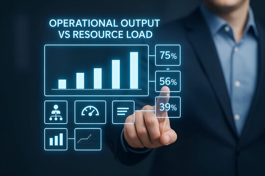 Businessman points to operational output vs resource load graph
