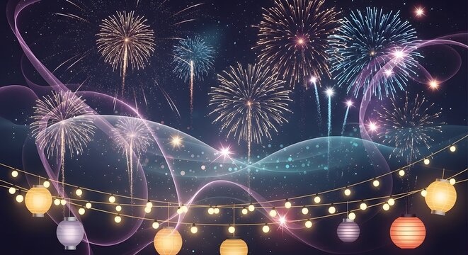 Festive night sky with fireworks and glowing lanterns, celebration - Powered by Adobe