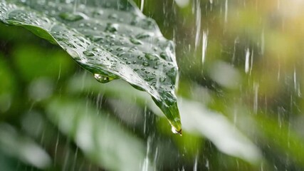 Rain falling on a vibrant green leaf water droplets nature close up - Powered by Adobe