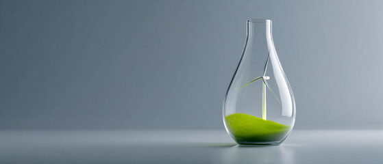 Wind turbine model inside a glass container with green grass base symbolizing sustainable energy and environmental protection on a gray background