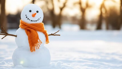 Cheerful snowman with orange scarf in winter wonderland bathed in golden light