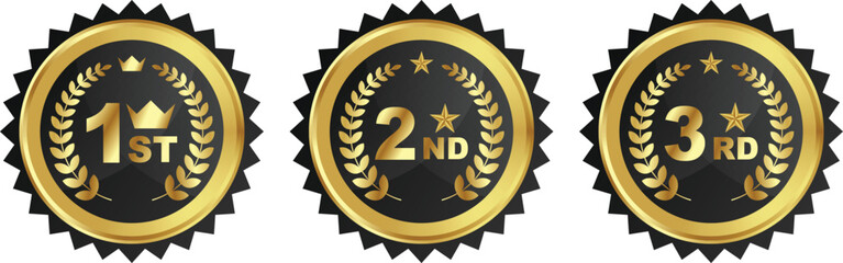 Gold, black, and white 1st, 2nd, and 3rd place award badges with laurel wreaths.