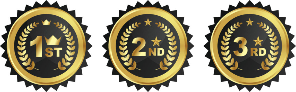 Gold, black, and white 1st, 2nd, and 3rd place award badges with laurel wreaths.