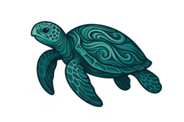 Stylized sea turtle illustration with tribal waves design, marine animal representing ocean ecology and conservation on transparent background