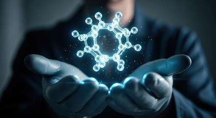 Scientist holding glowing molecular structure in hands science and technology concept