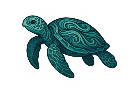 Stylized sea turtle illustration with tribal waves design, marine animal representing ocean ecology and conservation on transparent background