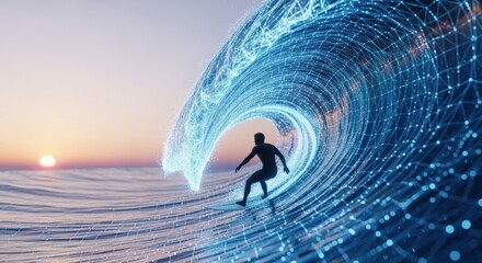 Surfer riding a glowing blue digital wave at sunset with ocean and sky