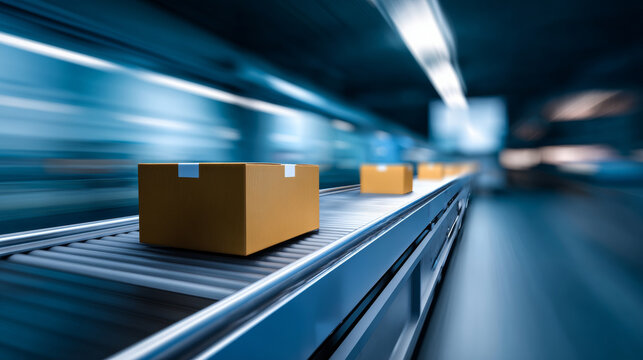Moving cardboard boxes on conveyor belt in a modern automated warehouse with motion blur effect