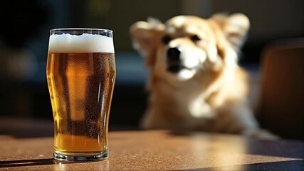 A dog yawning next to a glass of beer on a table