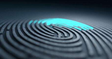 Close-up of a fingerprint with glowing blue highlight on ridges, detailed texture and shallow depth of field in dark background