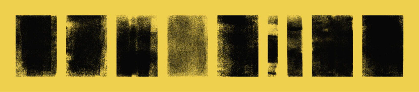 Fototapeta Set of grunge rolled ink stamp textures handmade with brayer. Letterpress vintage rough rectangle vertical backgrounds. Linocut relief printing shapes vector illustration isolated on yellow background