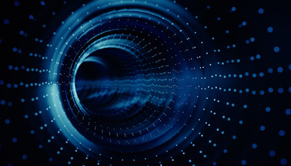 glowing blue particle tunnel with concentric rings, futuristic digital corridor visualization, abstract technology background, cyberspace pathway, data flow 3d rendering concept